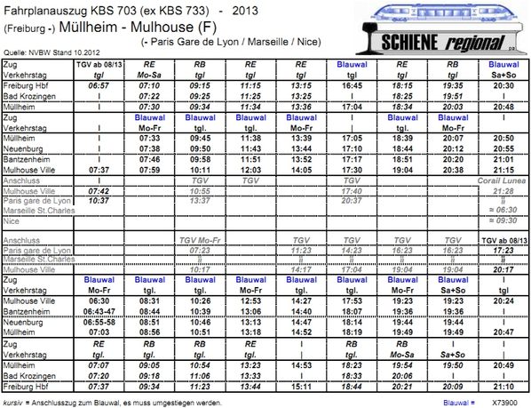Fahrplan 2013-KBS 703 M&uuml;llheim - Mulhouse